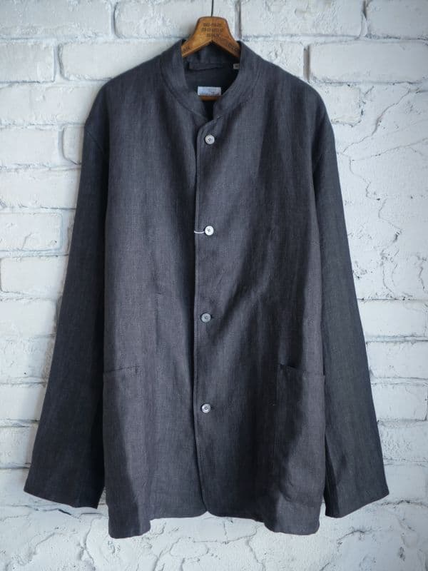 リネンヘリンボーンスタンドカラージャケット[チャコール]